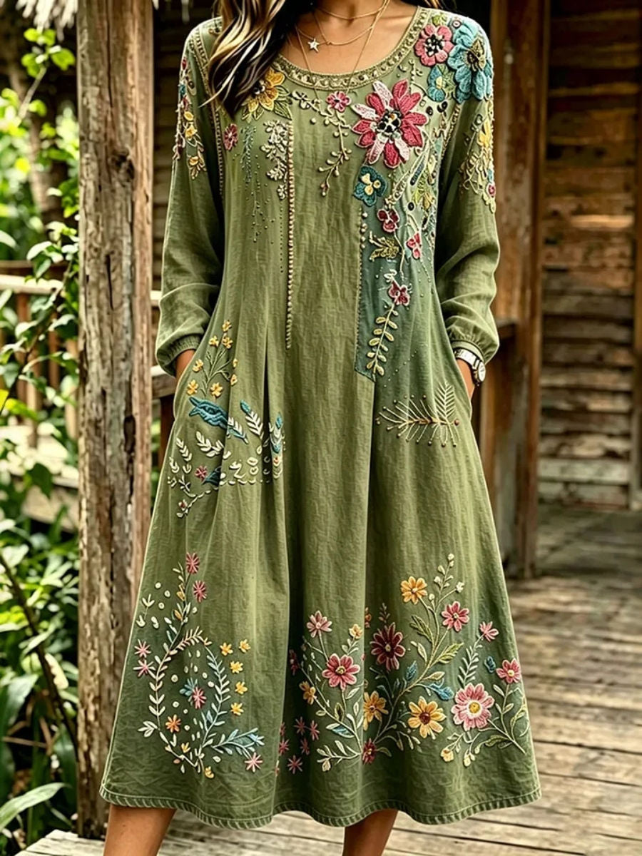 Helena | Women's Green Floral Crew Neck Long Sleeve Pockets Casual Midi Dress