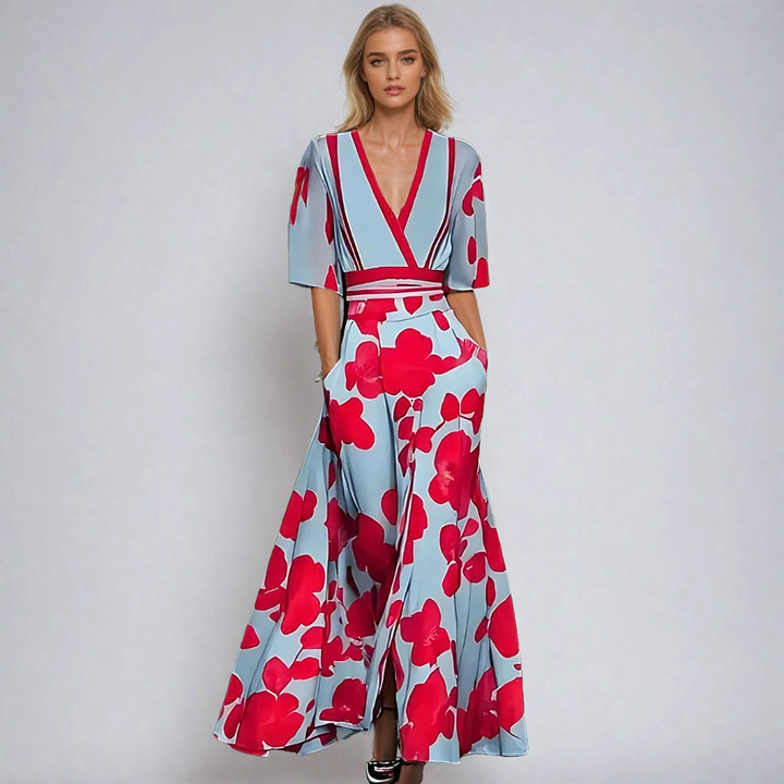 Echo | Women's Floral V Neck Short Sleeve Wrap Front Casual Maxi Pockets Dress