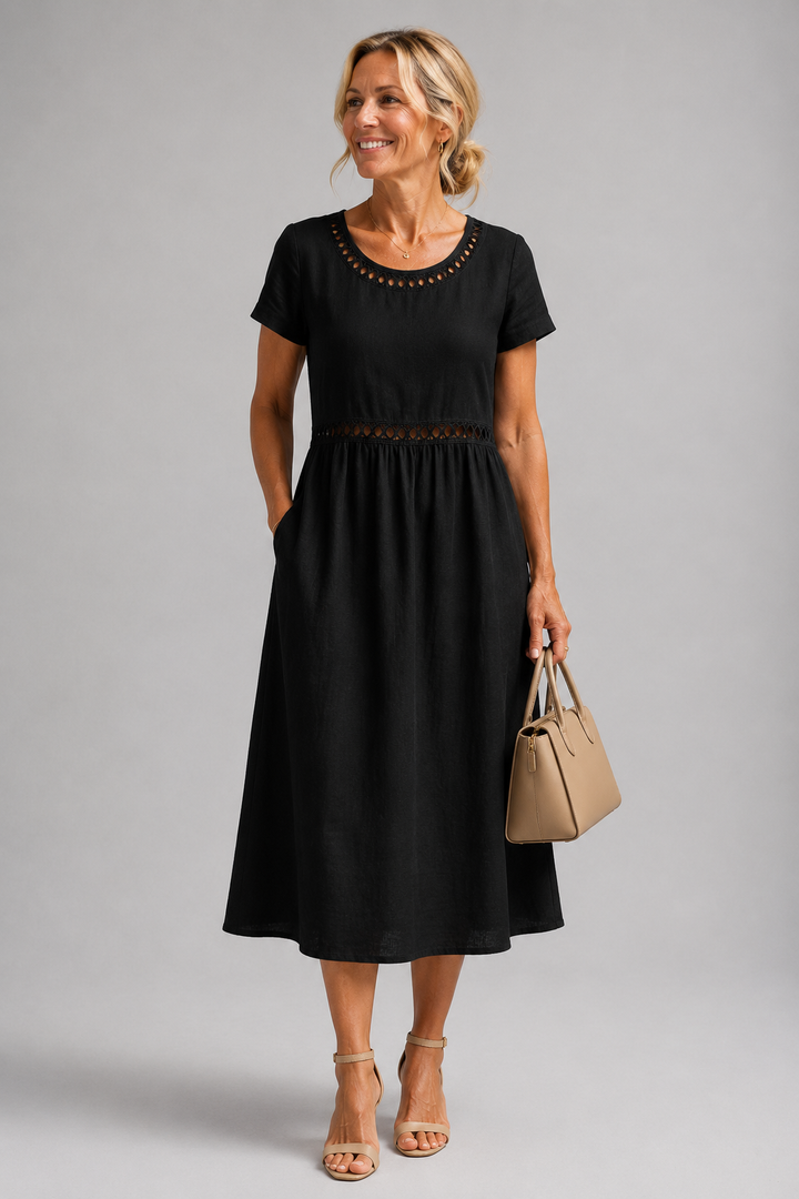 Midi Dress Lattice Neckline Pocket