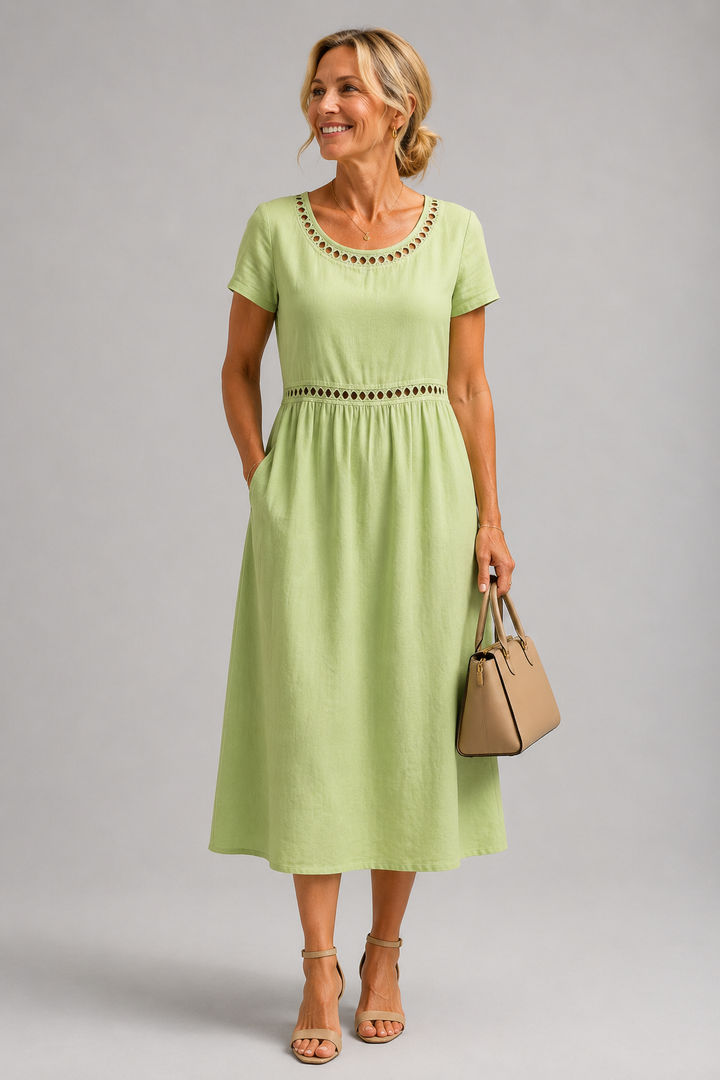 Midi Dress Lattice Neckline Pocket