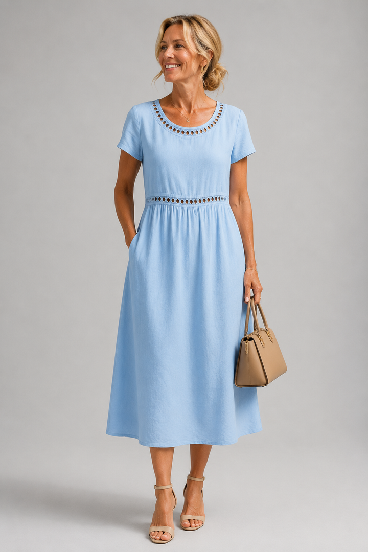 Midi Dress Lattice Neckline Pocket