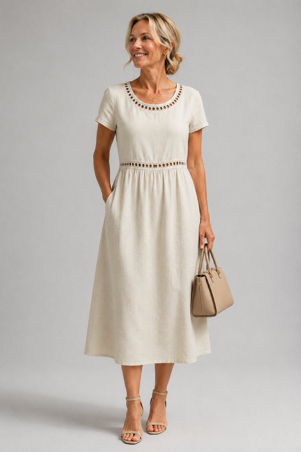 Midi Dress Lattice Neckline Pocket