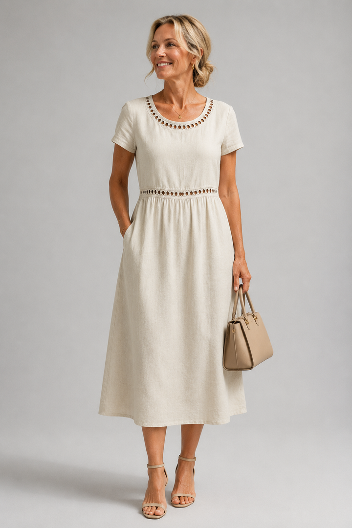 Midi Dress Lattice Neckline Pocket