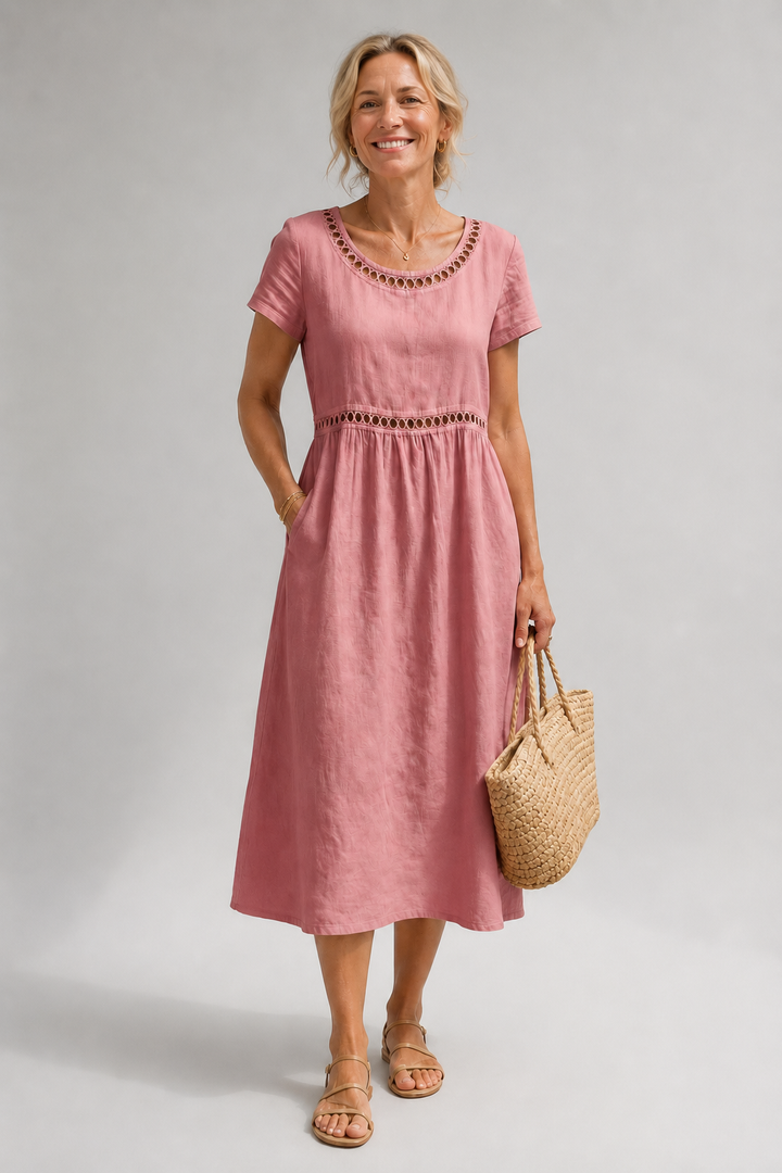 Midi Dress Lattice Neckline Pocket
