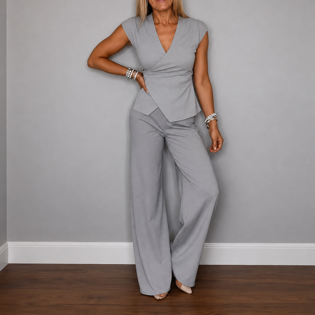 True | Women's Linen Wide Leg Wrap Front Casual Two Piece Ruched Set
