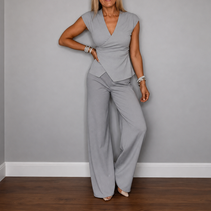 True | Women's Linen Wide Leg Wrap Front Casual Two Piece Ruched Set