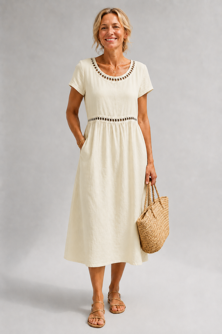 Midi Dress Lattice Neckline Pocket