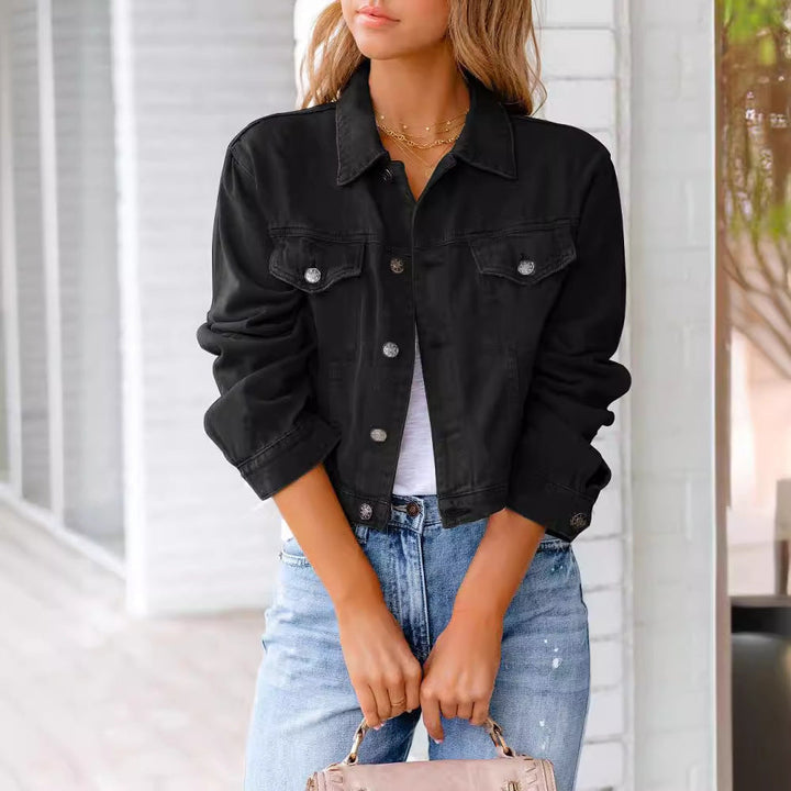 Cropped Button-Front Denim Jacket with Chest Pockets