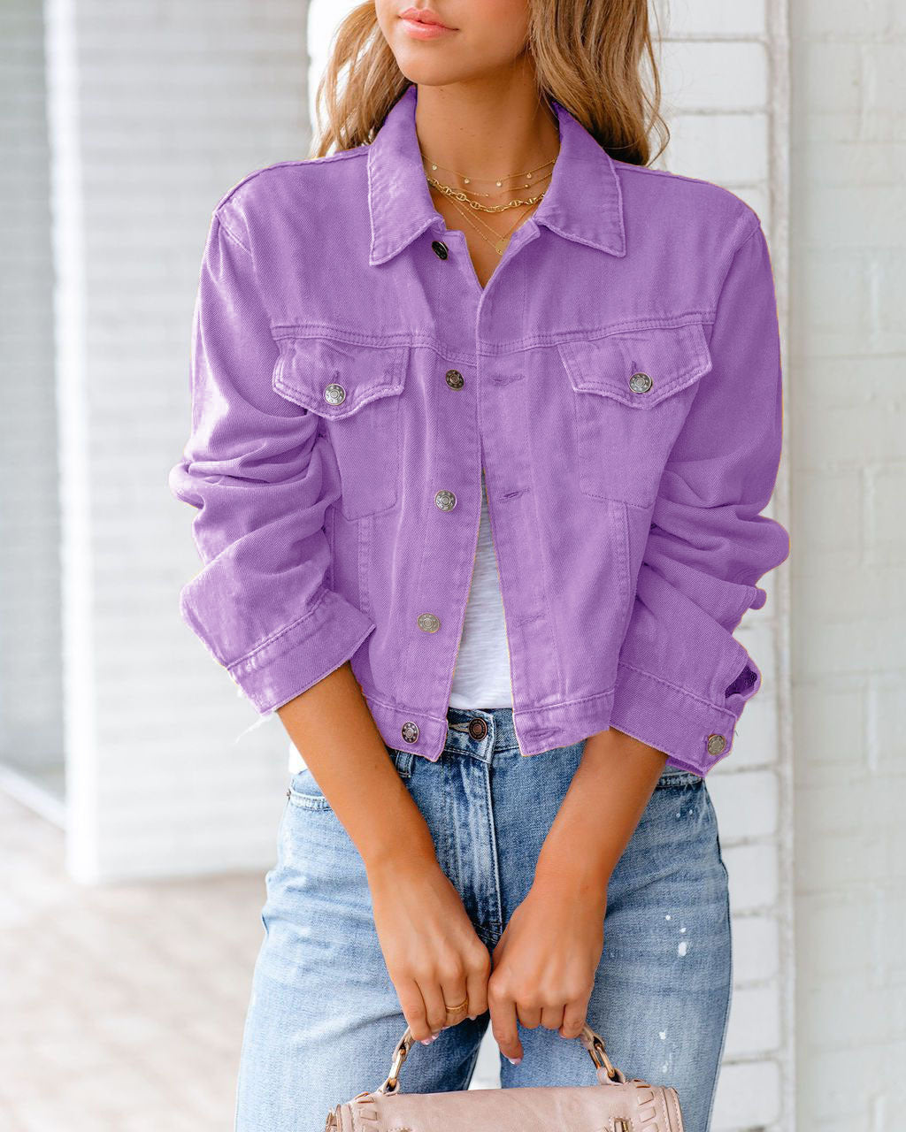 Cropped Button-Front Denim Jacket with Chest Pockets