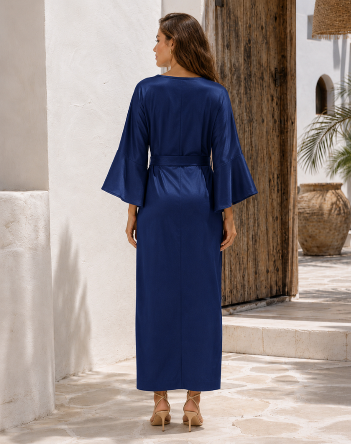 Elegant Navy Satin Plus Size Mother of the Bride Dress for Women with Crew Neck Bell Sleeve Crystal Brooch Draped Waist Wedding Style