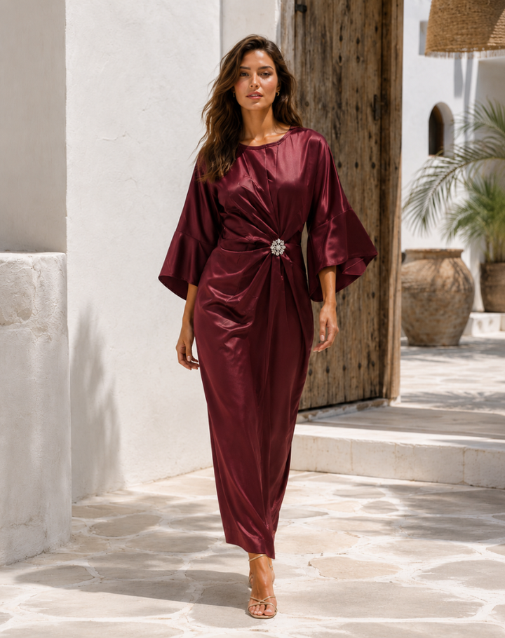 Elegant Navy Satin Plus Size Mother of the Bride Dress for Women with Crew Neck Bell Sleeve Crystal Brooch Draped Waist Wedding Style