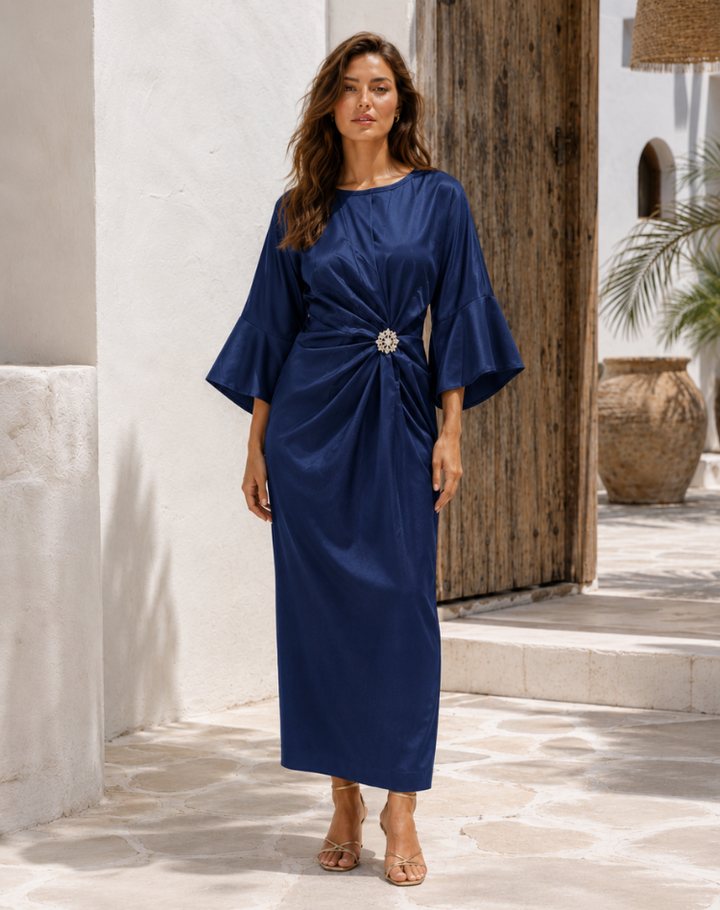 Elegant Navy Satin Plus Size Mother of the Bride Dress for Women with Crew Neck Bell Sleeve Crystal Brooch Draped Waist Wedding Style