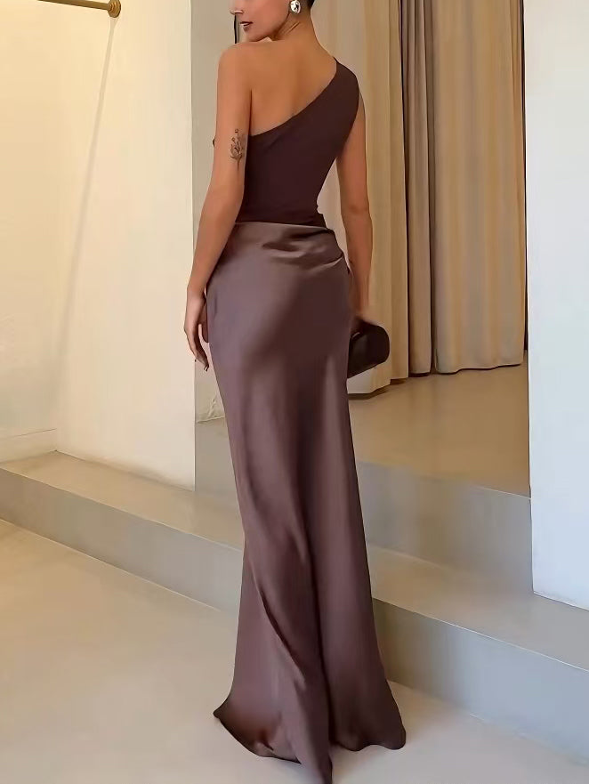 Berhtgyth | Women One Shoulder Satin Holiday Dress