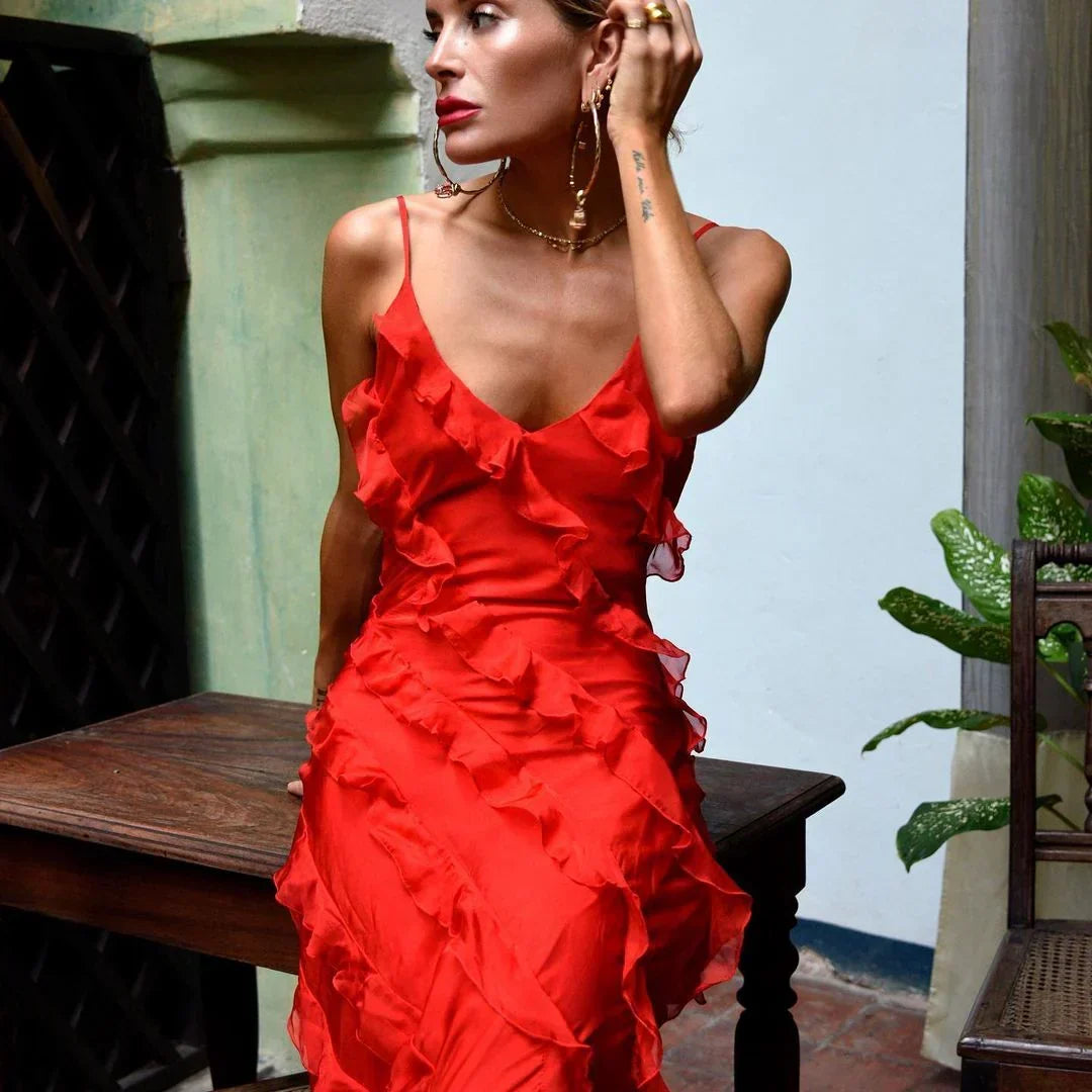 Eirwen | Women Ruffle Strap Red Dress