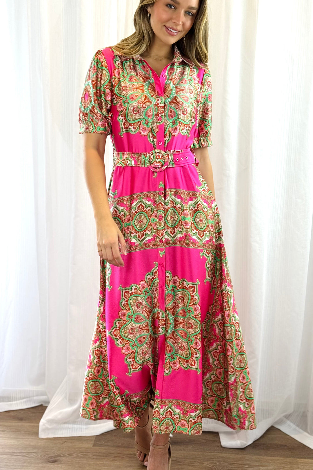 Llinos | Women Paisley Shirt Pink Midi Dress