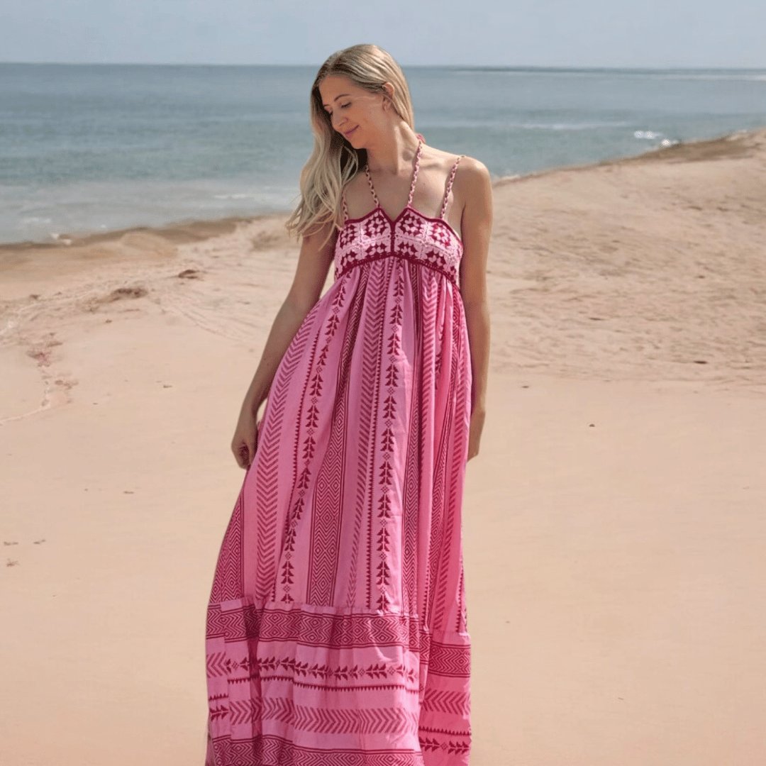 Meinwen | Women Crochet Tassel Pink Dress