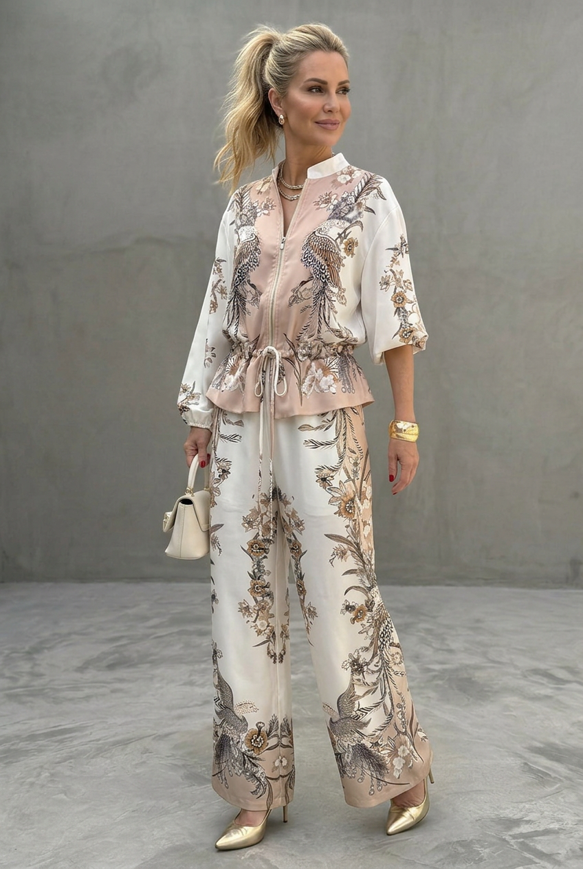 Bettie | Women's White Zip Front Print Two Piece Set