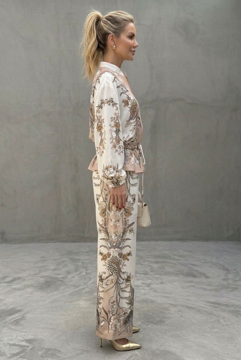 Bettie | Women's White Zip Front Print Two Piece Set