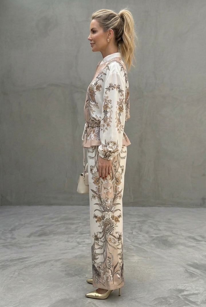 Bettie | Women's White Zip Front Print Two Piece Set