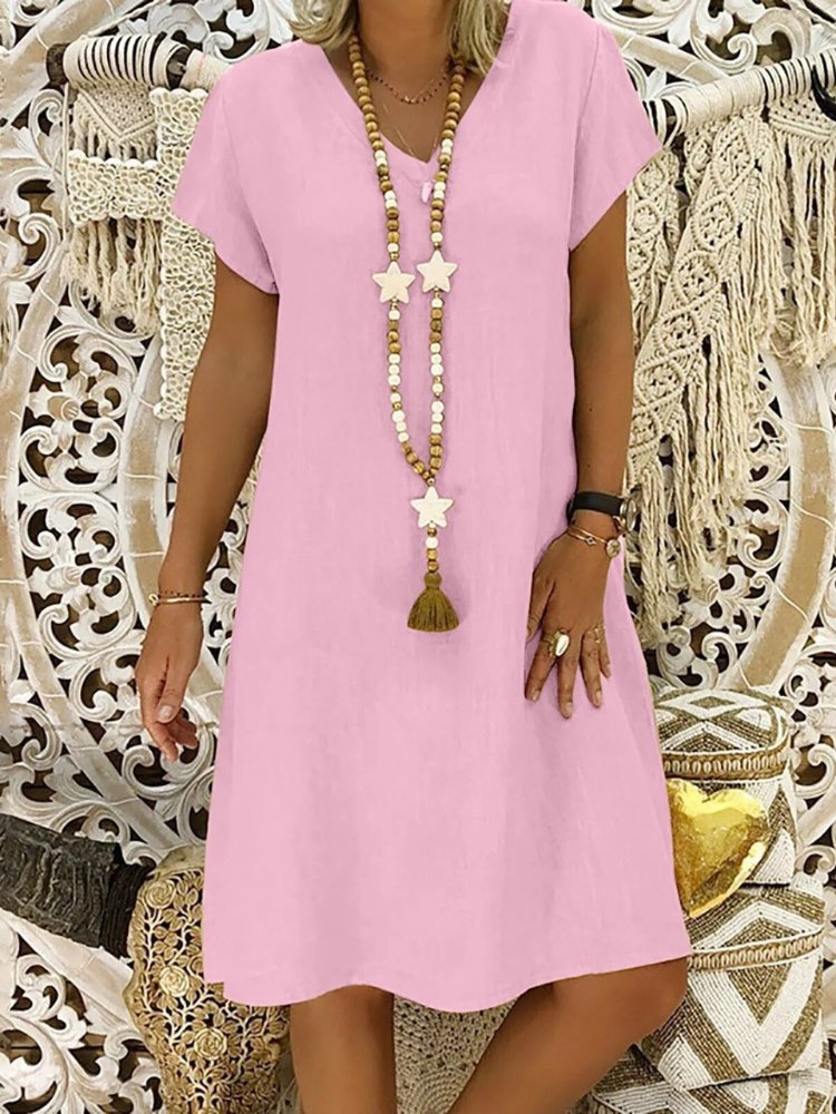 Pink Dress V Neck Short Sleeve Relaxed