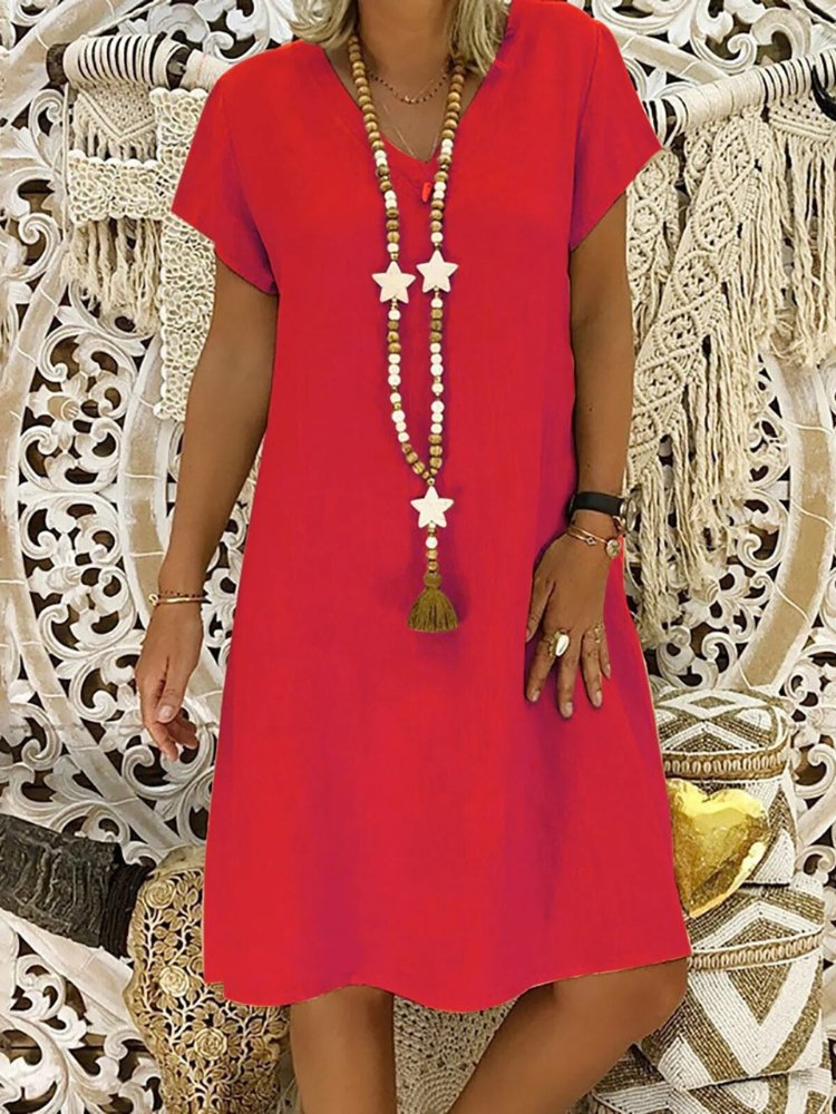 Red Dress V Neck Short Sleeve Mini
