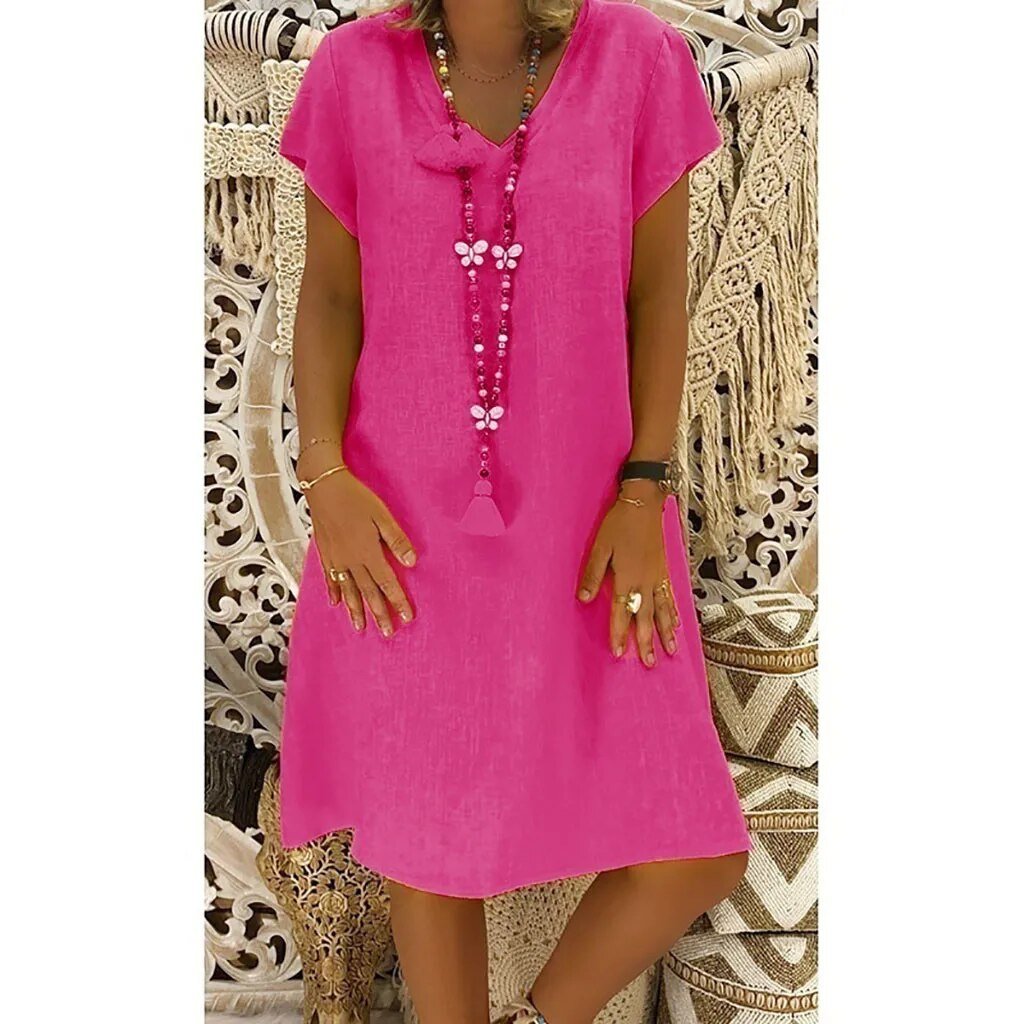 Pink Dress V Neck Short Sleeve Relaxed