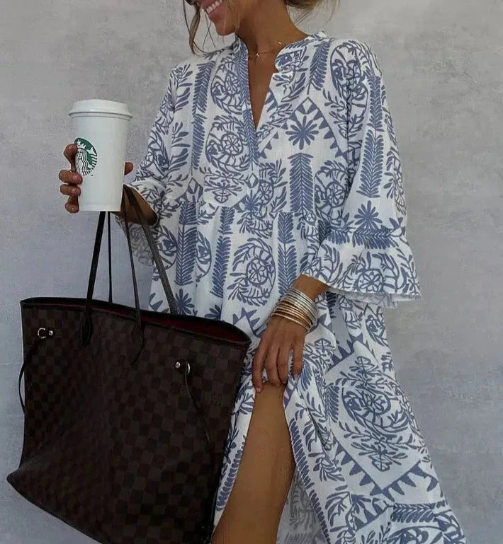 Rilla | Women's Blue Tile Print Button Front Fall Brunch Dress