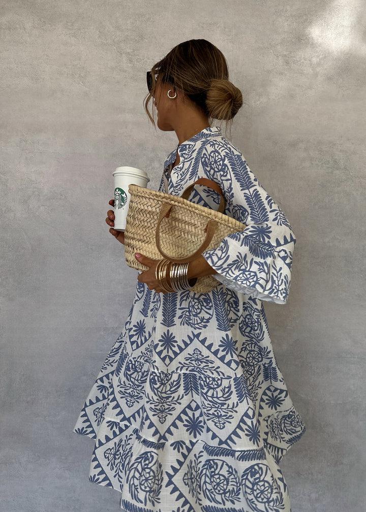 Rilla | Women's Blue Tile Print Button Front Fall Brunch Dress