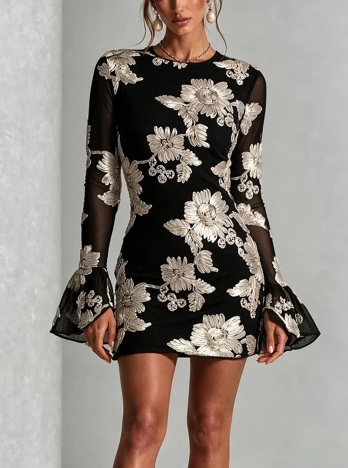 Aria | Women's Black Floral Mini Flare Crew Neck Ruffle Wedding Guest Dress