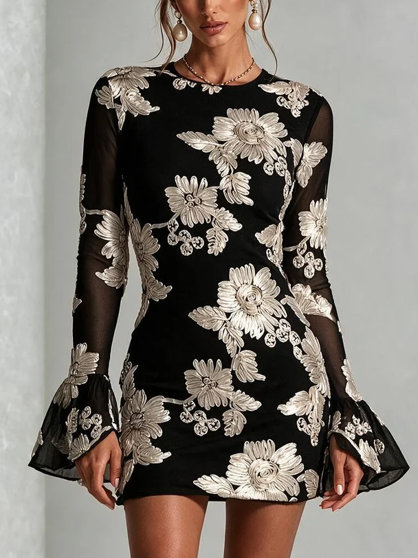 Aria | Women's Black Floral Mini Flare Crew Neck Ruffle Wedding Guest Dress
