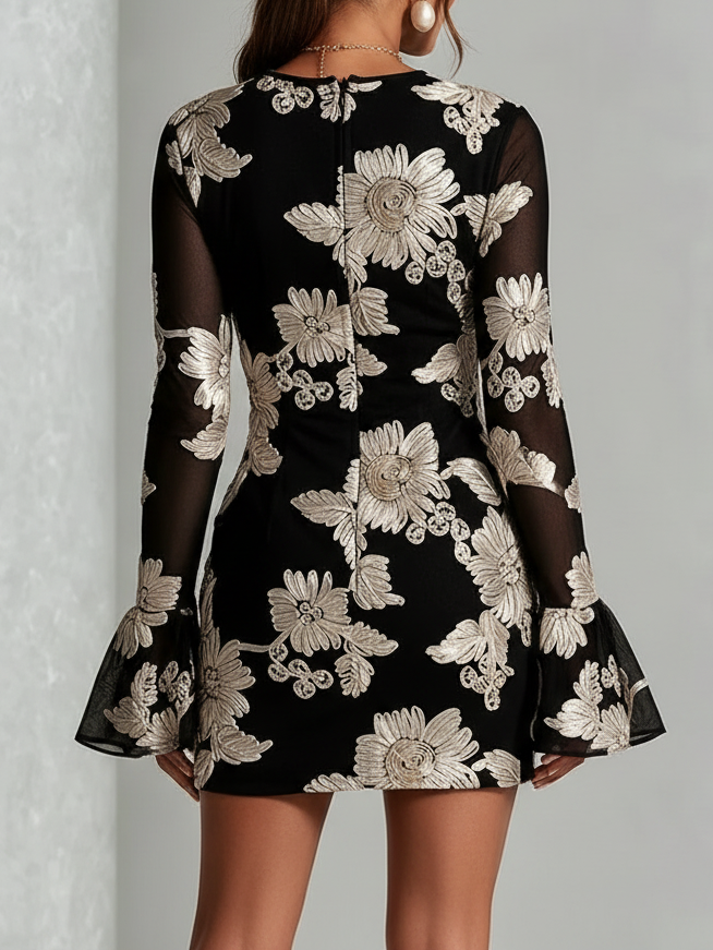 Aria | Women's Black Floral Mini Flare Crew Neck Ruffle Wedding Guest Dress