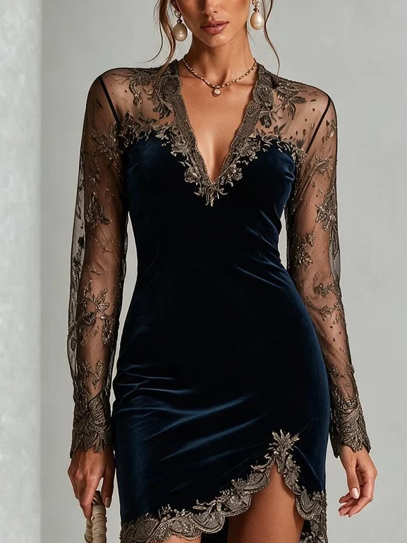 Finley | Women's Navy Floral Mini Deep V Stretchy Wedding Guest Dress