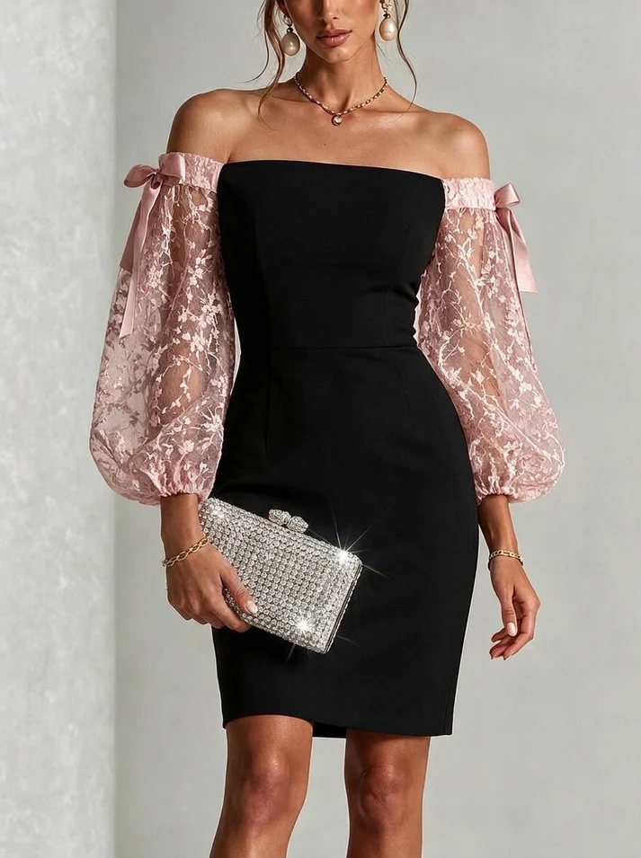 Vale | Women's Black Floral Mini Off Shoulder Satin Wedding Guest Sequin Dress