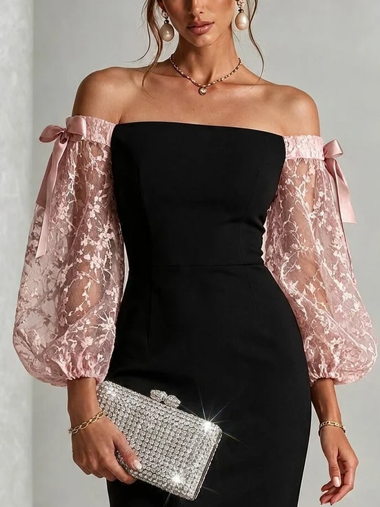 Vale | Women's Black Floral Mini Off Shoulder Satin Wedding Guest Sequin Dress