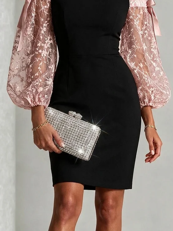 Vale | Women's Black Floral Mini Off Shoulder Satin Wedding Guest Sequin Dress