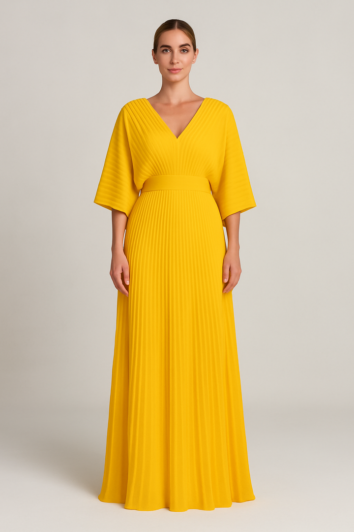 Nola | Women's Maxi V Neck Bell Sleeve Pleated Evening Gown