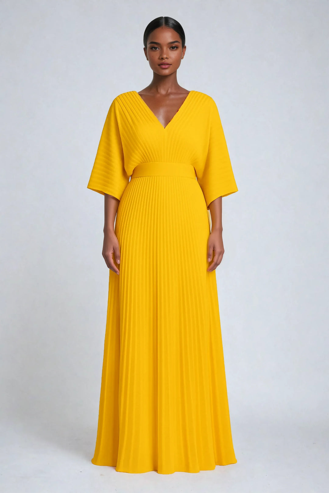 Nola | Women's Maxi V Neck Bell Sleeve Pleated Evening Gown