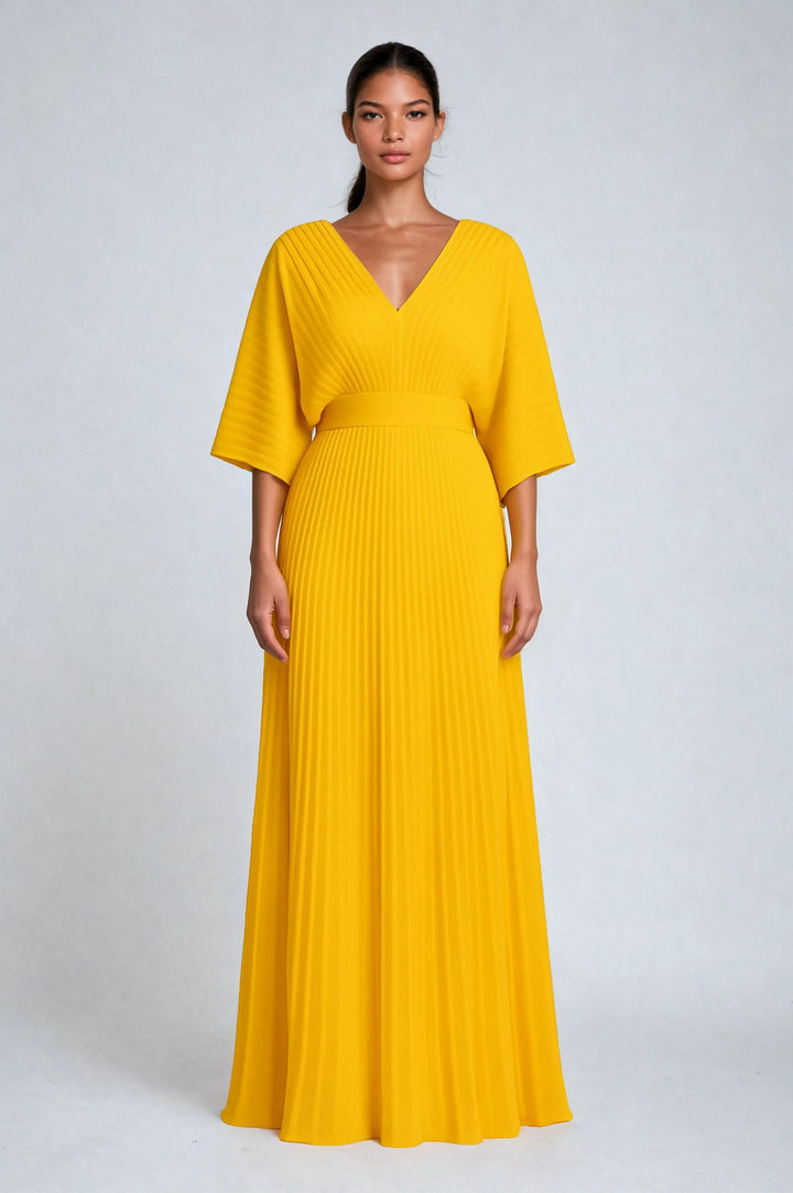 Nola | Women's Maxi V Neck Bell Sleeve Pleated Evening Gown