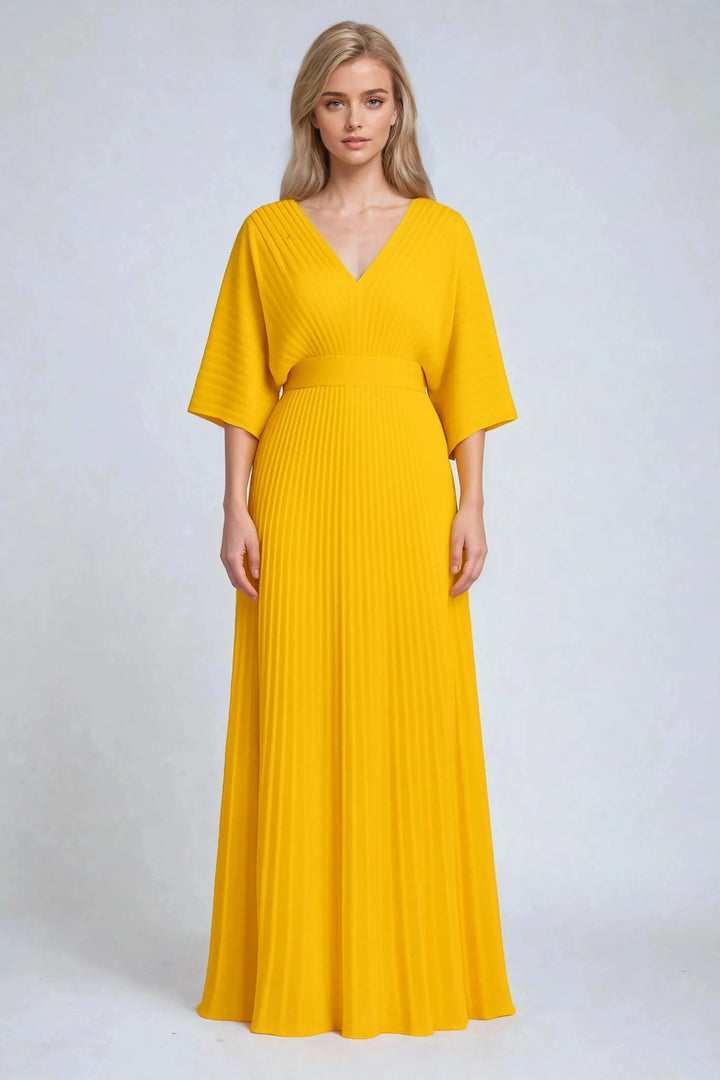 Nola | Women's Maxi V Neck Bell Sleeve Pleated Evening Gown