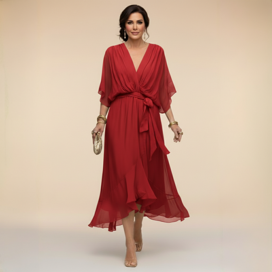 Red Dress Wrap Flutter Sleeve Ruffle Hem
