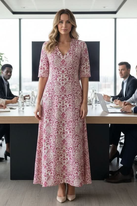 Pink Dress Paisley Print Maxi V Neck