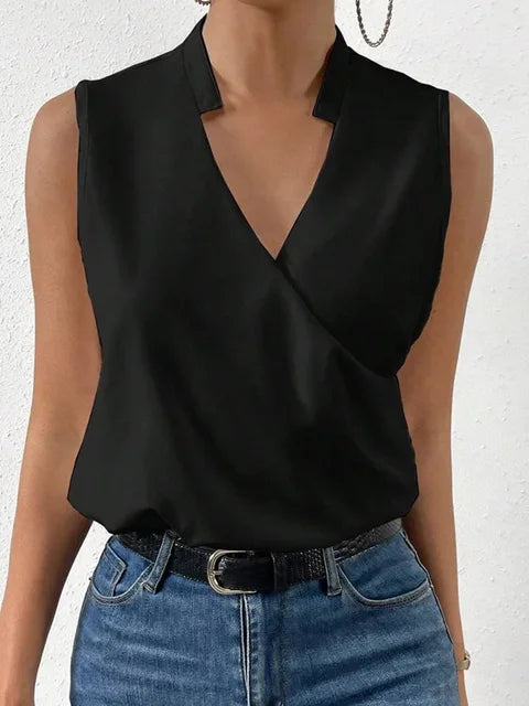 Harlow | Women's V Neck Sleeveless Wrap Front Office Blouse