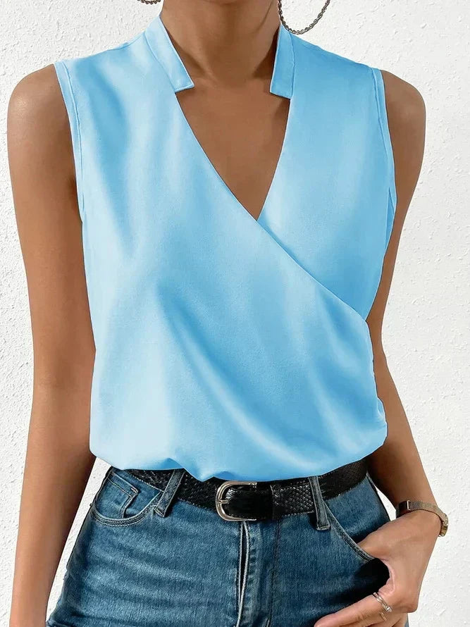 Harlow | Women's V Neck Sleeveless Wrap Front Office Blouse