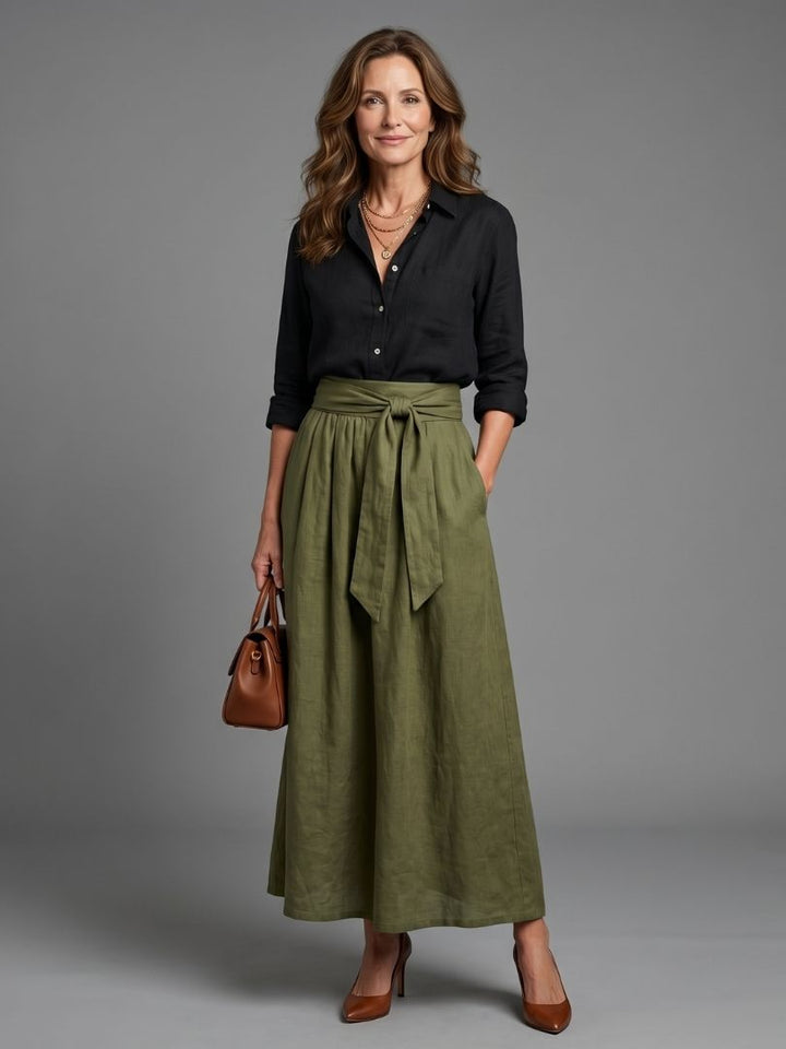 Marnie | Women's Black Shirt Olive Wide Leg Two Piece Set
