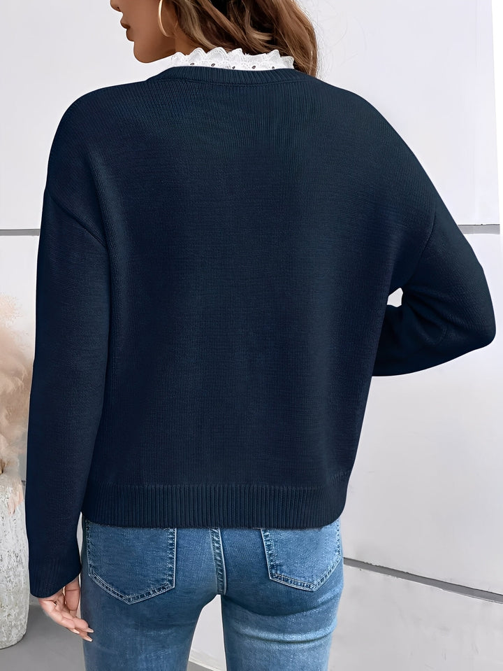 Adalynn | Women's V Neck Lace Trim Drop Shoulder Knit Sweater