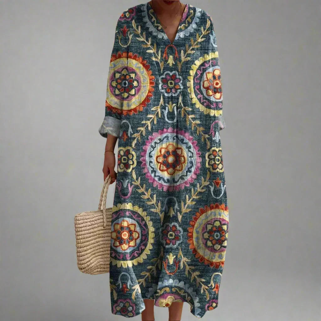 Mavis | Women's Slate Geometric Mandala Midi V Neck Long Sleeve Floral Dress