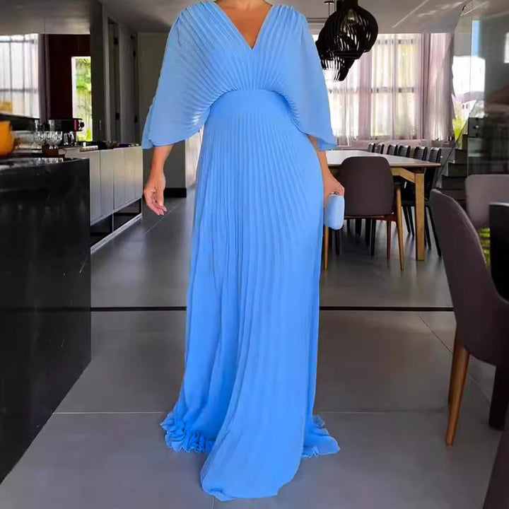 Nola | Women's Maxi V Neck Bell Sleeve Pleated Evening Gown