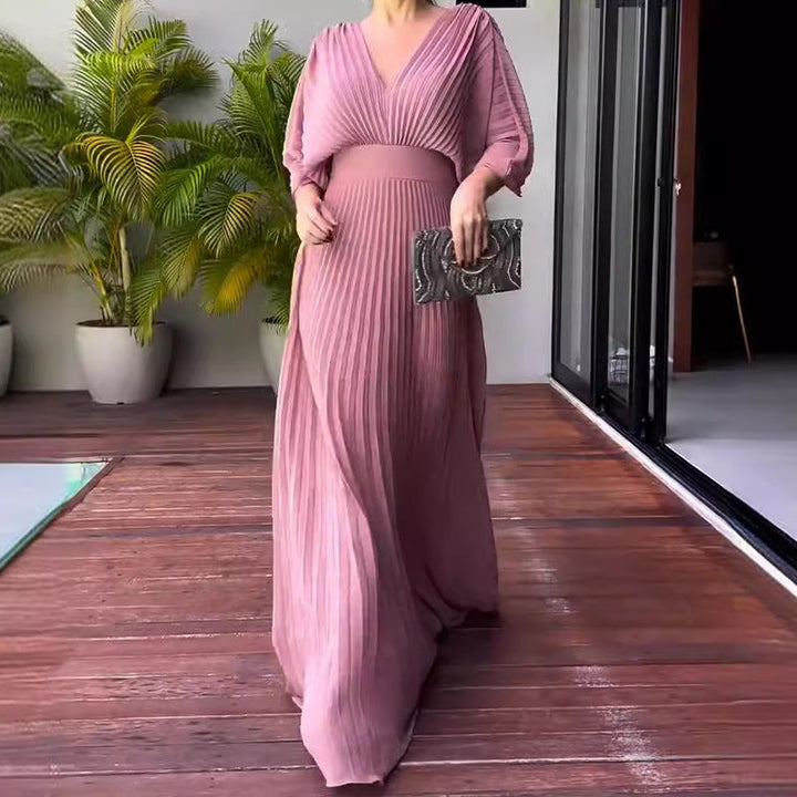 Nola | Women's Maxi V Neck Bell Sleeve Pleated Evening Gown