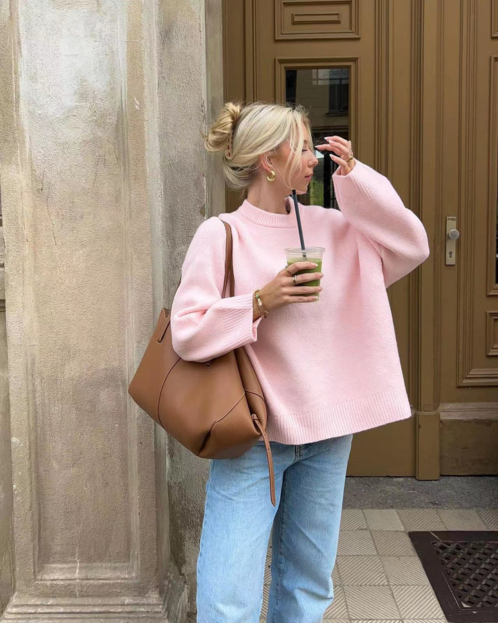 Nell | Women's Pink Crew Neck Long Sleeve Casual Knit Sweater