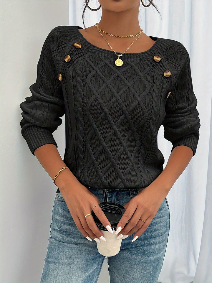 Beatriz | Women Button Shoulder Cable Knit Sweater